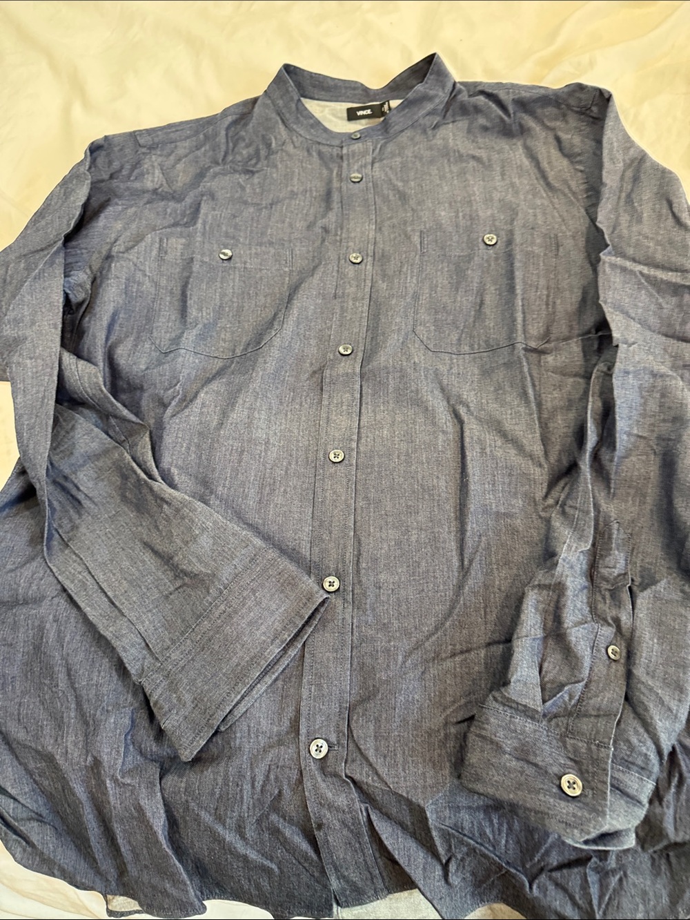 Vince Men's Blue Band-Collar Lightweight Shirt